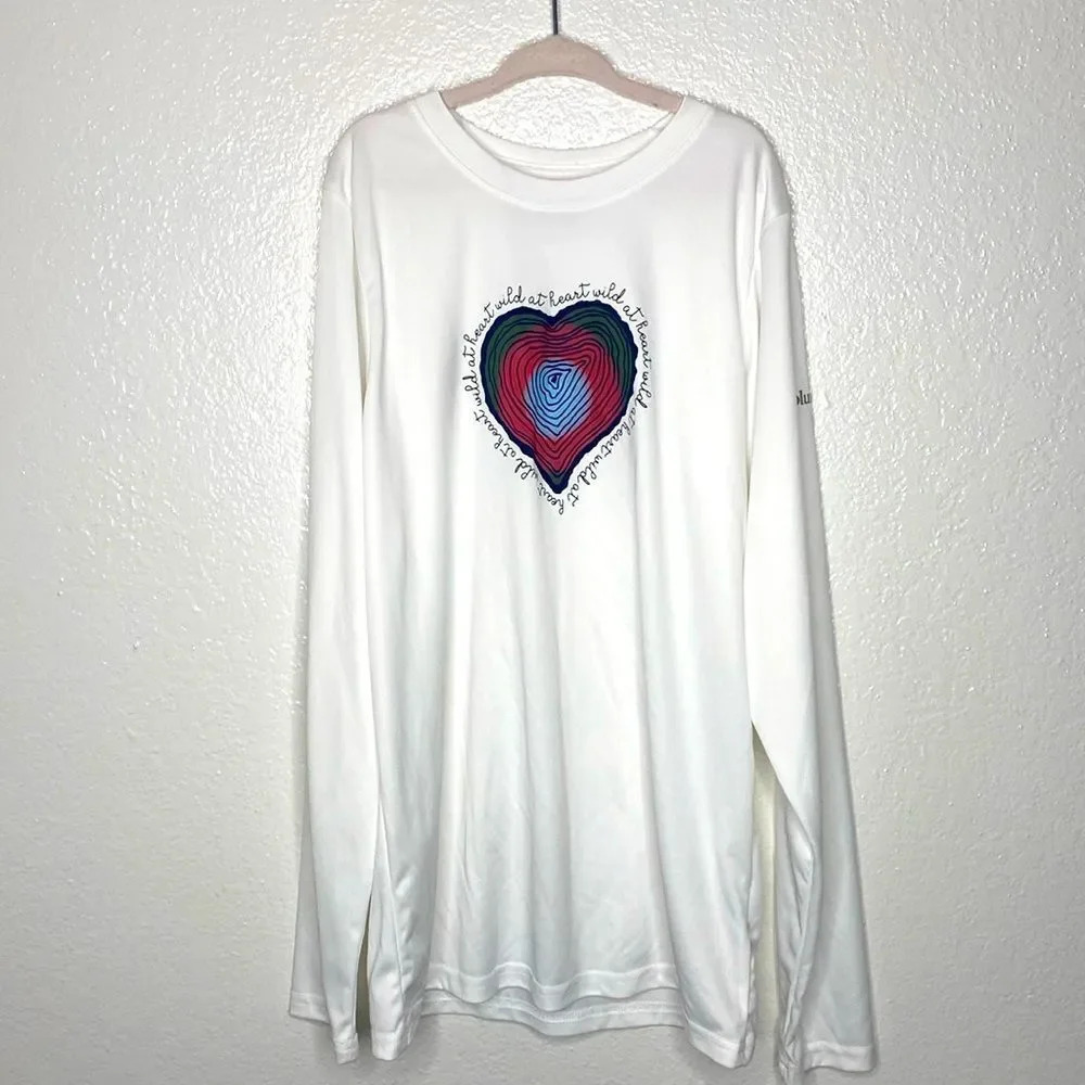 Columbia White Long Sleeve “Return Wild at Heart” Heart Decal M 10/12 Kids